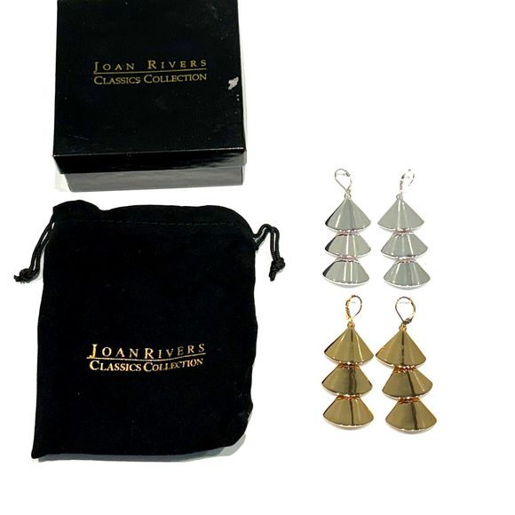 Joan Rivers Polished 3 Tiered Conical Drop Earrings in Gold & Silver - 2 Sets - Picture 3 of 6